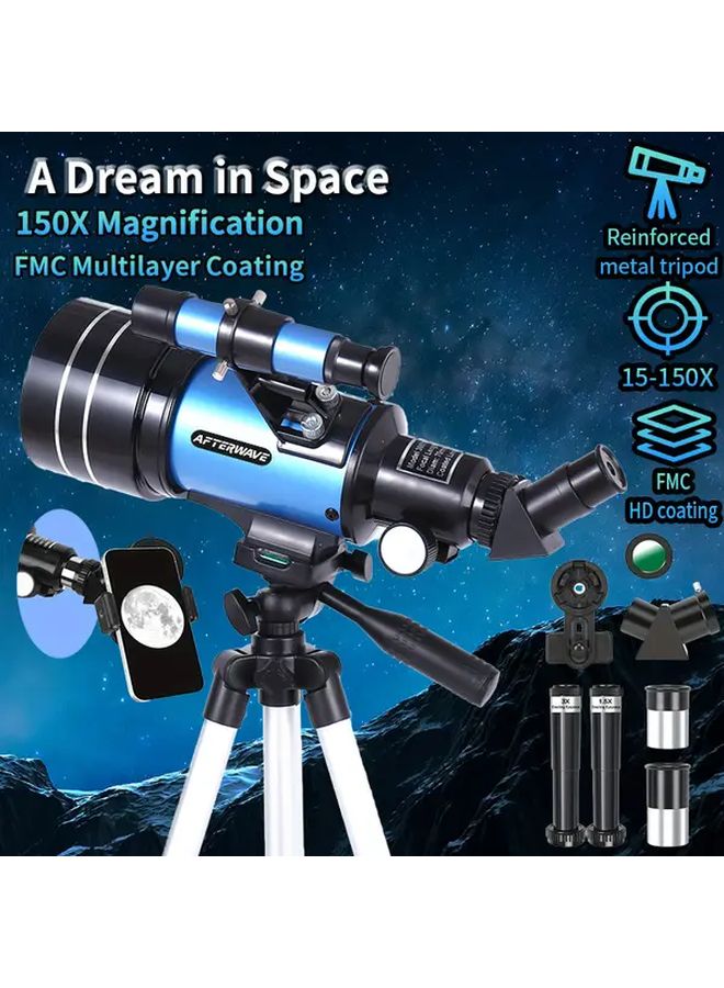 تلسكوب AFTERWAVE 150X HD70WYJ بفتحة 70 مم مع حامل ثلاثي القوائم وموجد وحامل هاتف لمراقبة القمر والكواكب والفضاء العميق - Image 1